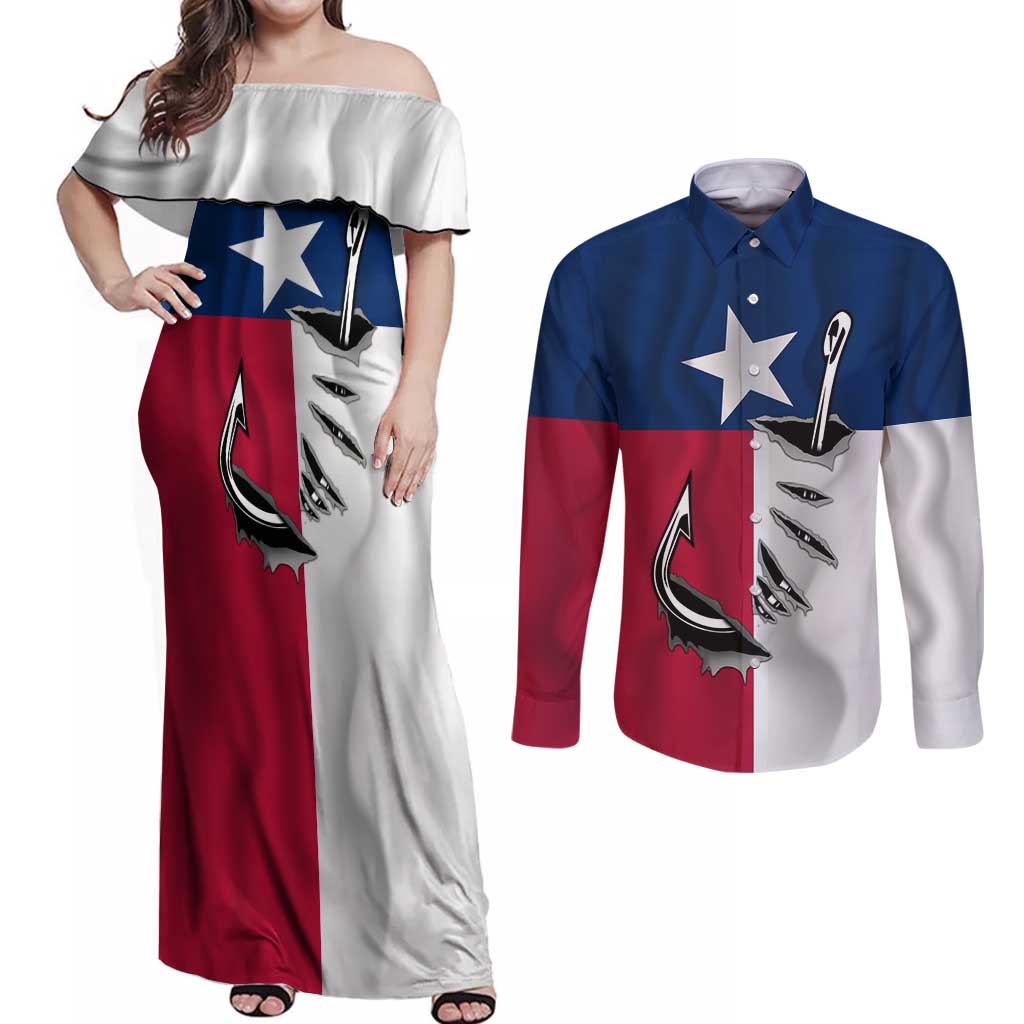 Texas Flag Fishing Couples Matching Off Shoulder Maxi Dress and Long Sleeve Button Shirt Hook and Fish Illustration and Custom Name Detail - Wonder Print Shop