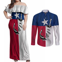 Texas Flag Fishing Couples Matching Off Shoulder Maxi Dress and Long Sleeve Button Shirt Hook and Fish Illustration and Custom Name Detail - Wonder Print Shop