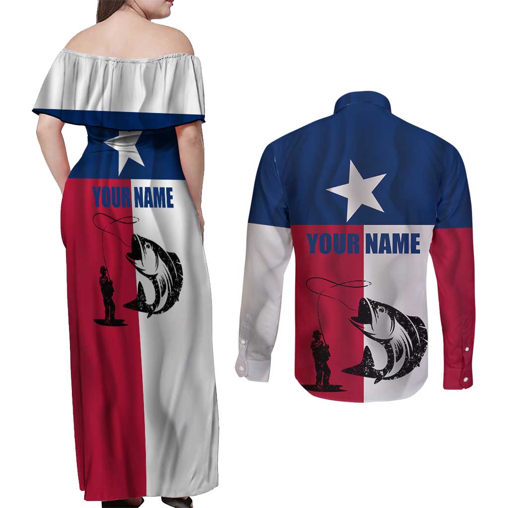 Texas Flag Fishing Couples Matching Off Shoulder Maxi Dress and Long Sleeve Button Shirt Hook and Fish Illustration and Custom Name Detail - Wonder Print Shop