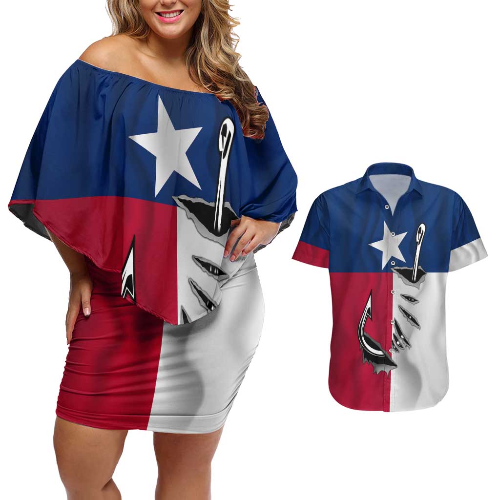 Texas Flag Fishing Couples Matching Off Shoulder Short Dress and Hawaiian Shirt Hook and Fish Illustration and Custom Name Detail - Wonder Print Shop