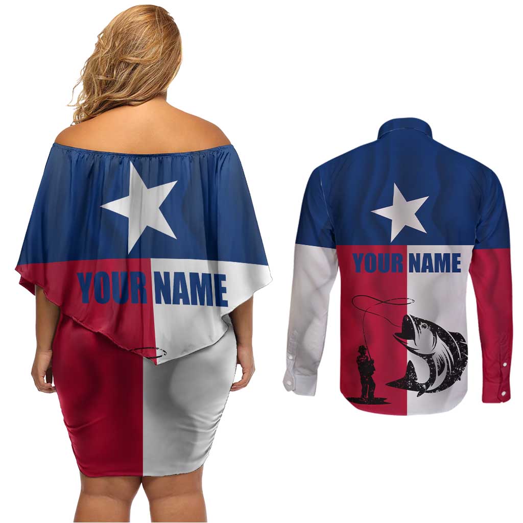 Texas Flag Fishing Couples Matching Off Shoulder Short Dress and Long Sleeve Button Shirt Hook and Fish Illustration and Custom Name Detail - Wonder Print Shop