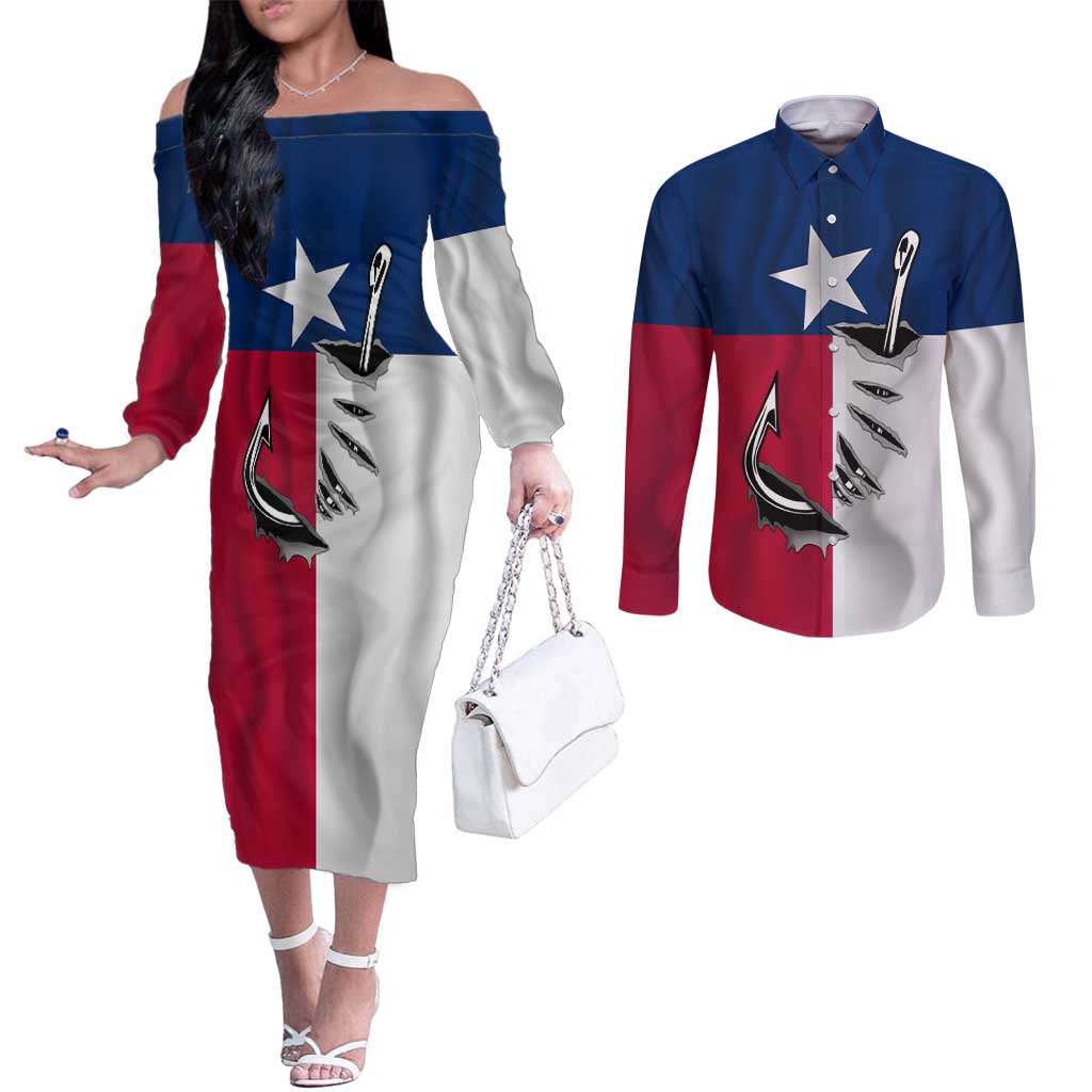 Texas Flag Fishing Couples Matching Off The Shoulder Long Sleeve Dress and Long Sleeve Button Shirt Hook and Fish Illustration and Custom Name Detail - Wonder Print Shop
