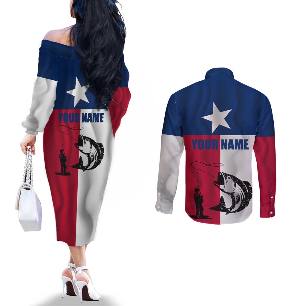 Texas Flag Fishing Couples Matching Off The Shoulder Long Sleeve Dress and Long Sleeve Button Shirt Hook and Fish Illustration and Custom Name Detail - Wonder Print Shop