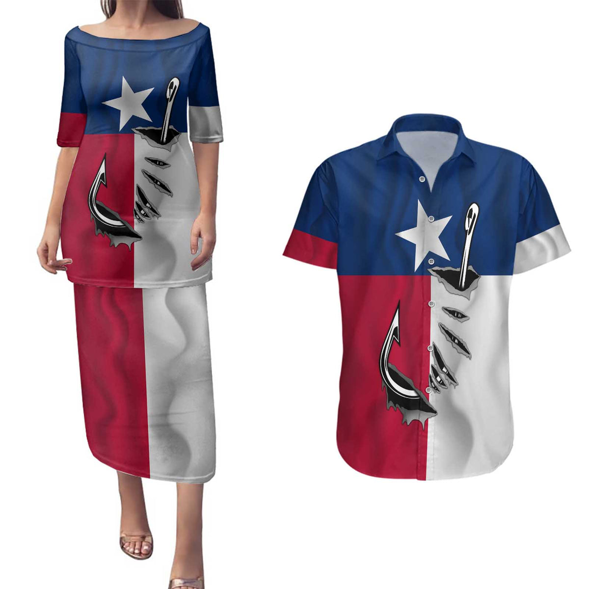 Texas Flag Fishing Couples Matching Puletasi and Hawaiian Shirt Hook and Fish Illustration and Custom Name Detail - Wonder Print Shop