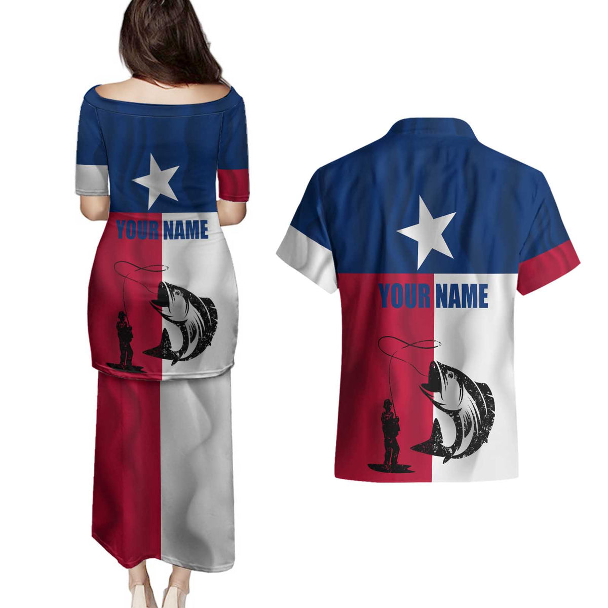 Texas Flag Fishing Couples Matching Puletasi and Hawaiian Shirt Hook and Fish Illustration and Custom Name Detail - Wonder Print Shop