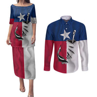 Texas Flag Fishing Couples Matching Puletasi and Long Sleeve Button Shirt Hook and Fish Illustration and Custom Name Detail - Wonder Print Shop