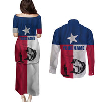 Texas Flag Fishing Couples Matching Puletasi and Long Sleeve Button Shirt Hook and Fish Illustration and Custom Name Detail - Wonder Print Shop