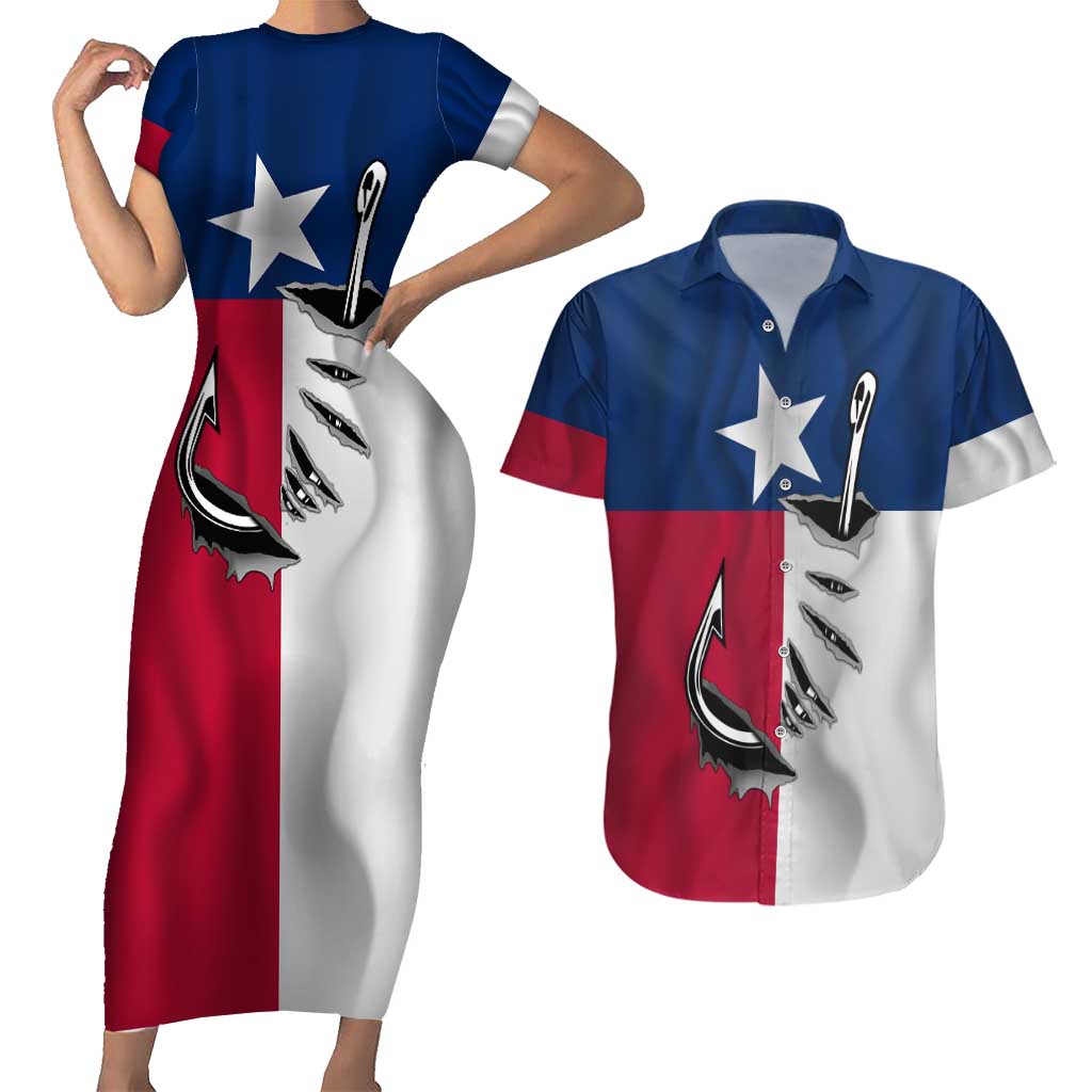 Texas Flag Fishing Couples Matching Short Sleeve Bodycon Dress and Hawaiian Shirt Hook and Fish Illustration and Custom Name Detail - Wonder Print Shop