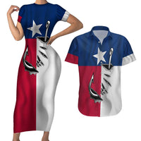 Texas Flag Fishing Couples Matching Short Sleeve Bodycon Dress and Hawaiian Shirt Hook and Fish Illustration and Custom Name Detail - Wonder Print Shop