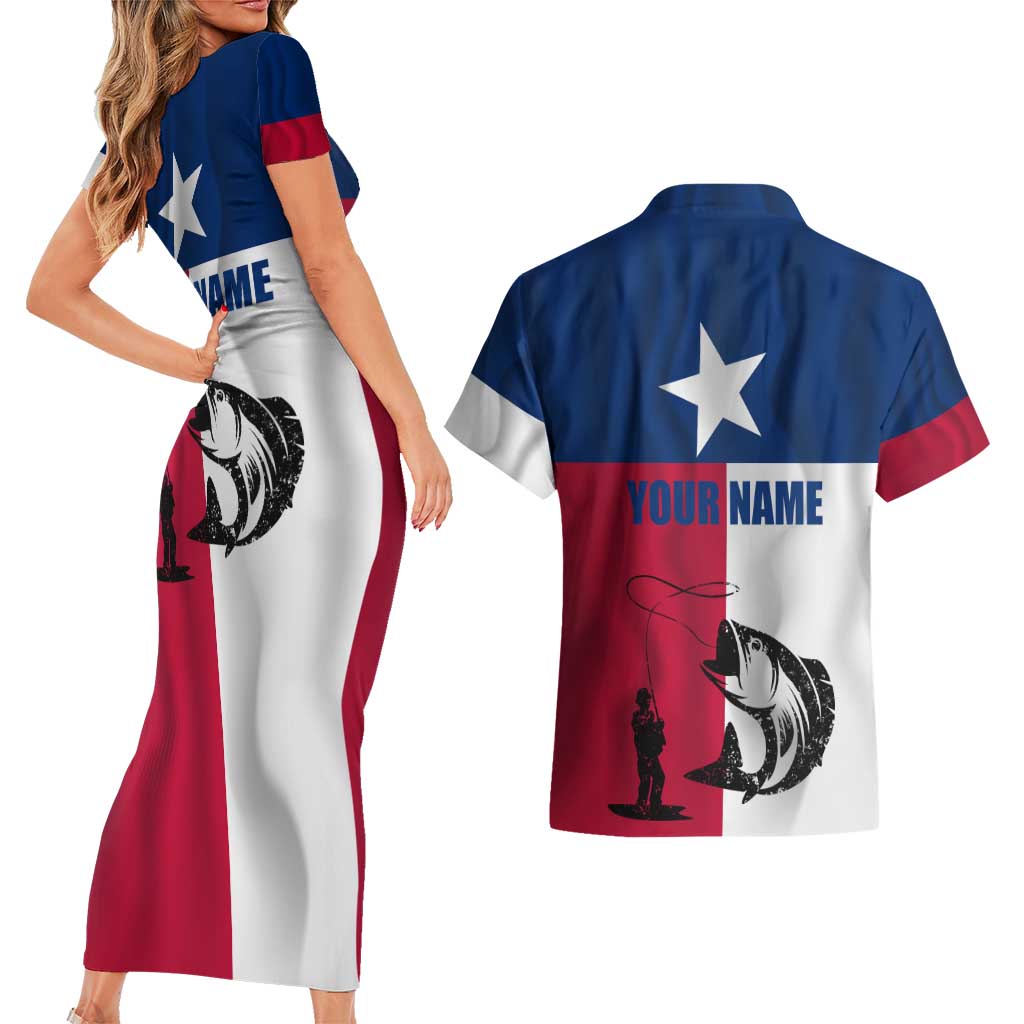 Texas Flag Fishing Couples Matching Short Sleeve Bodycon Dress and Hawaiian Shirt Hook and Fish Illustration and Custom Name Detail - Wonder Print Shop