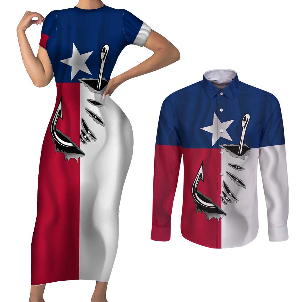 Texas Flag Fishing Couples Matching Short Sleeve Bodycon Dress and Long Sleeve Button Shirt Hook and Fish Illustration and Custom Name Detail - Wonder Print Shop