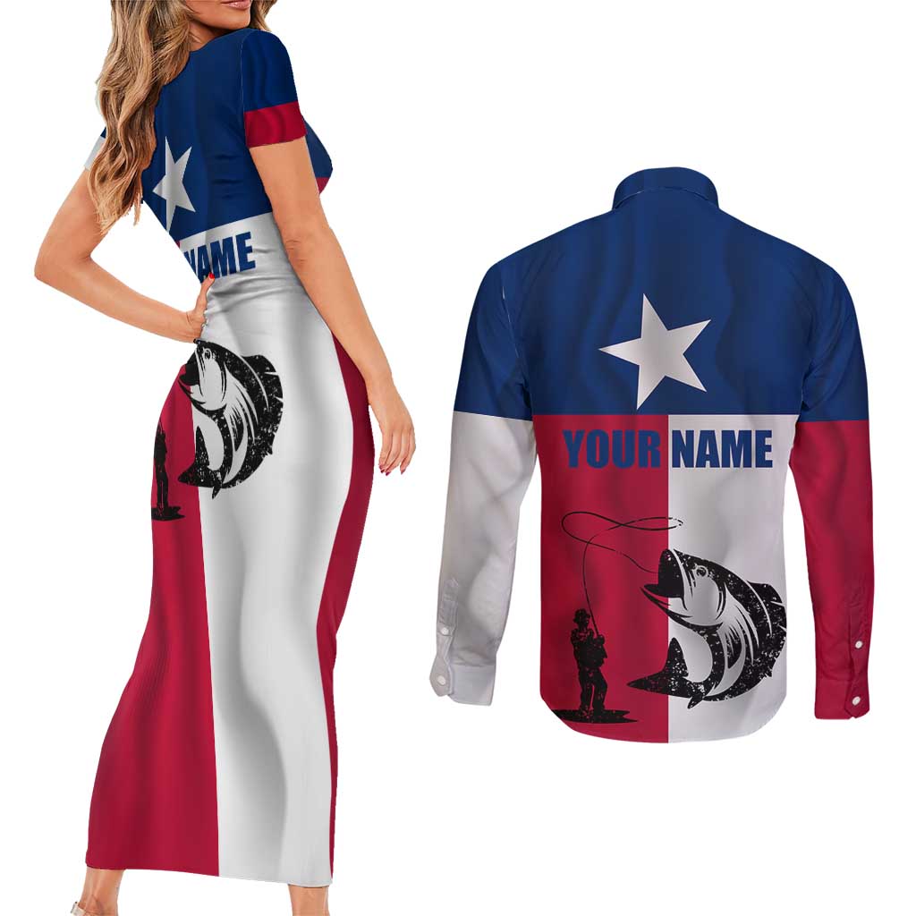 Texas Flag Fishing Couples Matching Short Sleeve Bodycon Dress and Long Sleeve Button Shirt Hook and Fish Illustration and Custom Name Detail - Wonder Print Shop