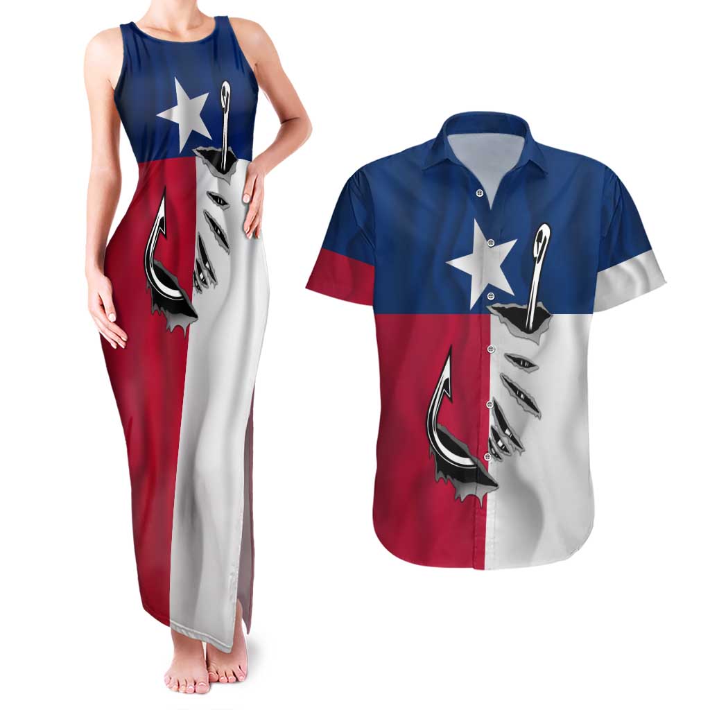 Texas Flag Fishing Couples Matching Tank Maxi Dress and Hawaiian Shirt Hook and Fish Illustration and Custom Name Detail - Wonder Print Shop