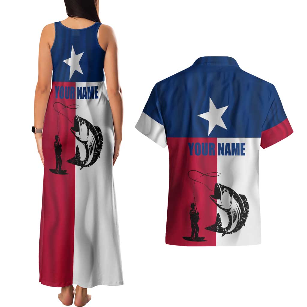 Texas Flag Fishing Couples Matching Tank Maxi Dress and Hawaiian Shirt Hook and Fish Illustration and Custom Name Detail - Wonder Print Shop