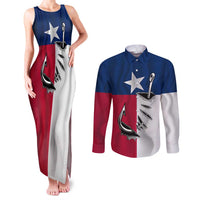 Texas Flag Fishing Couples Matching Tank Maxi Dress and Long Sleeve Button Shirt Hook and Fish Illustration and Custom Name Detail - Wonder Print Shop