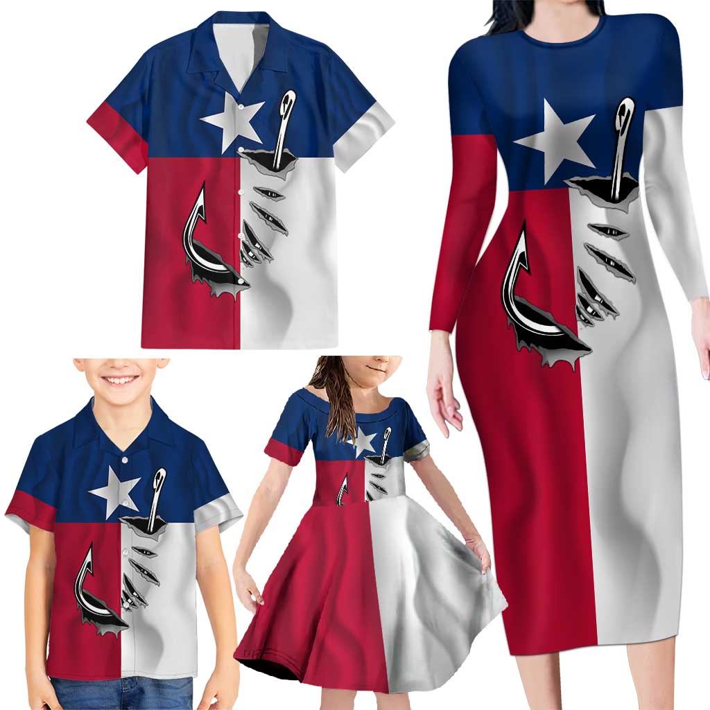 Texas Flag Fishing Family Matching Long Sleeve Bodycon Dress and Hawaiian Shirt Hook and Fish Illustration and Custom Name Detail - Wonder Print Shop