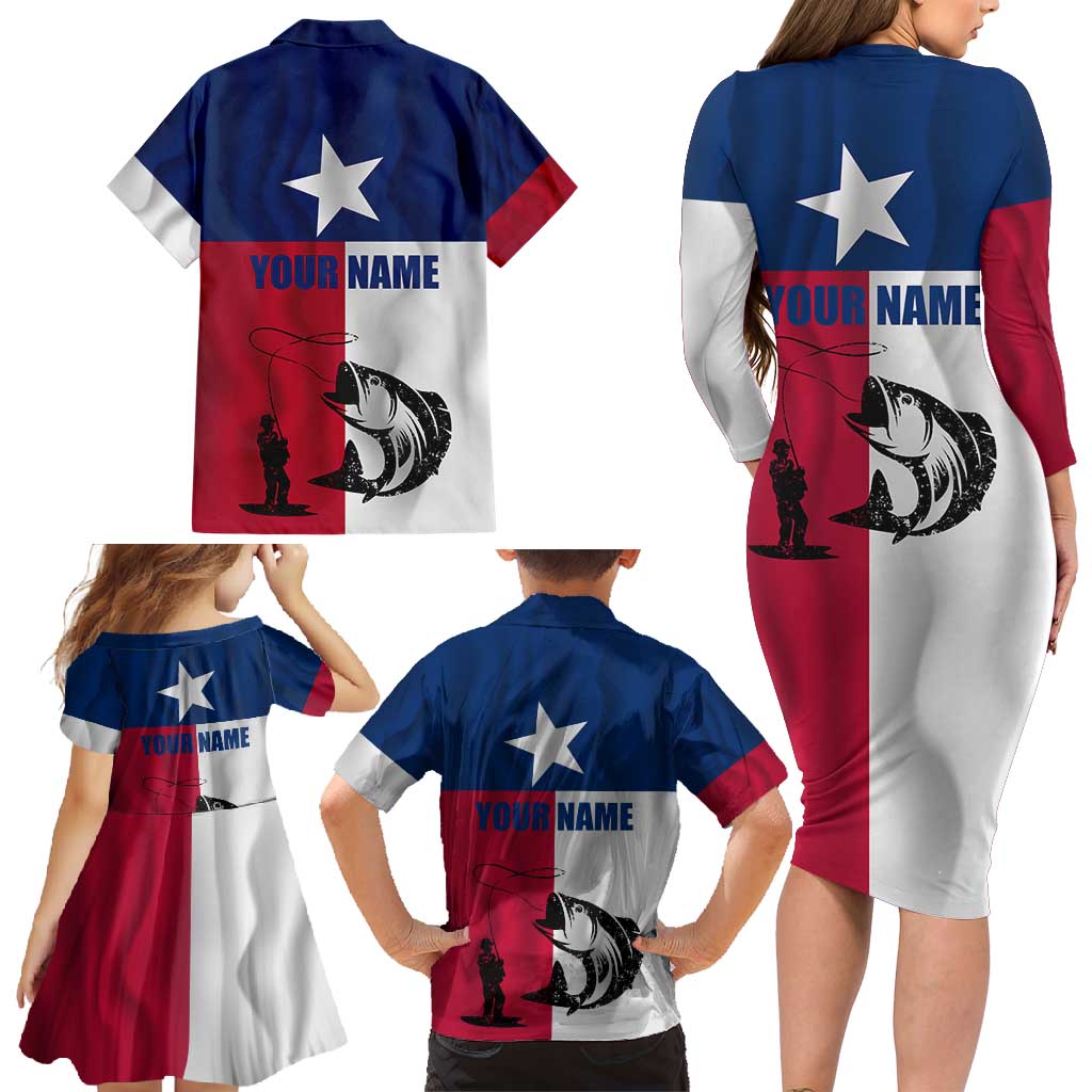 Texas Flag Fishing Family Matching Long Sleeve Bodycon Dress and Hawaiian Shirt Hook and Fish Illustration and Custom Name Detail - Wonder Print Shop