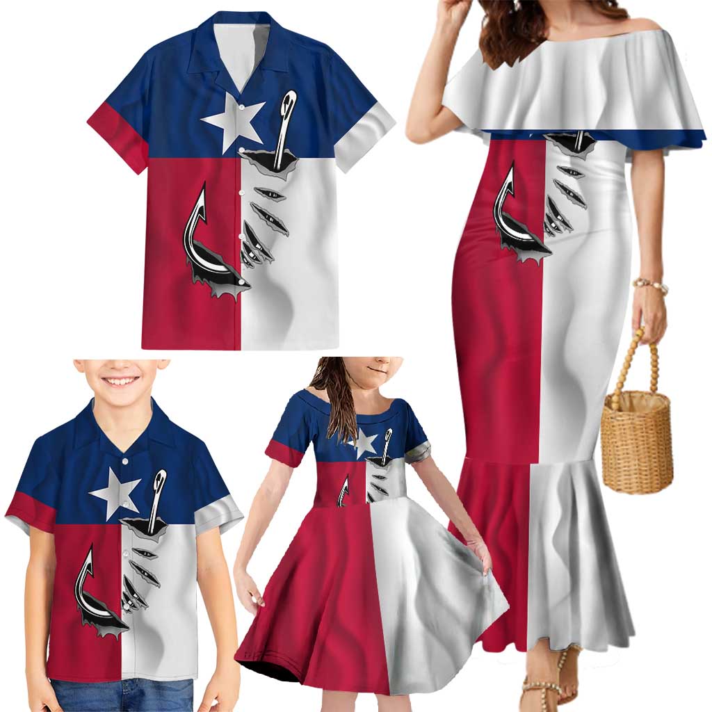 Texas Flag Fishing Family Matching Mermaid Dress and Hawaiian Shirt Hook and Fish Illustration and Custom Name Detail - Wonder Print Shop