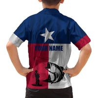 Texas Flag Fishing Family Matching Off The Shoulder Long Sleeve Dress and Hawaiian Shirt Hook and Fish Illustration and Custom Name Detail - Wonder Print Shop