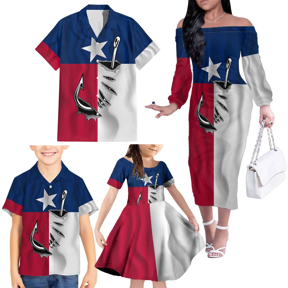 Texas Flag Fishing Family Matching Off The Shoulder Long Sleeve Dress and Hawaiian Shirt Hook and Fish Illustration and Custom Name Detail - Wonder Print Shop