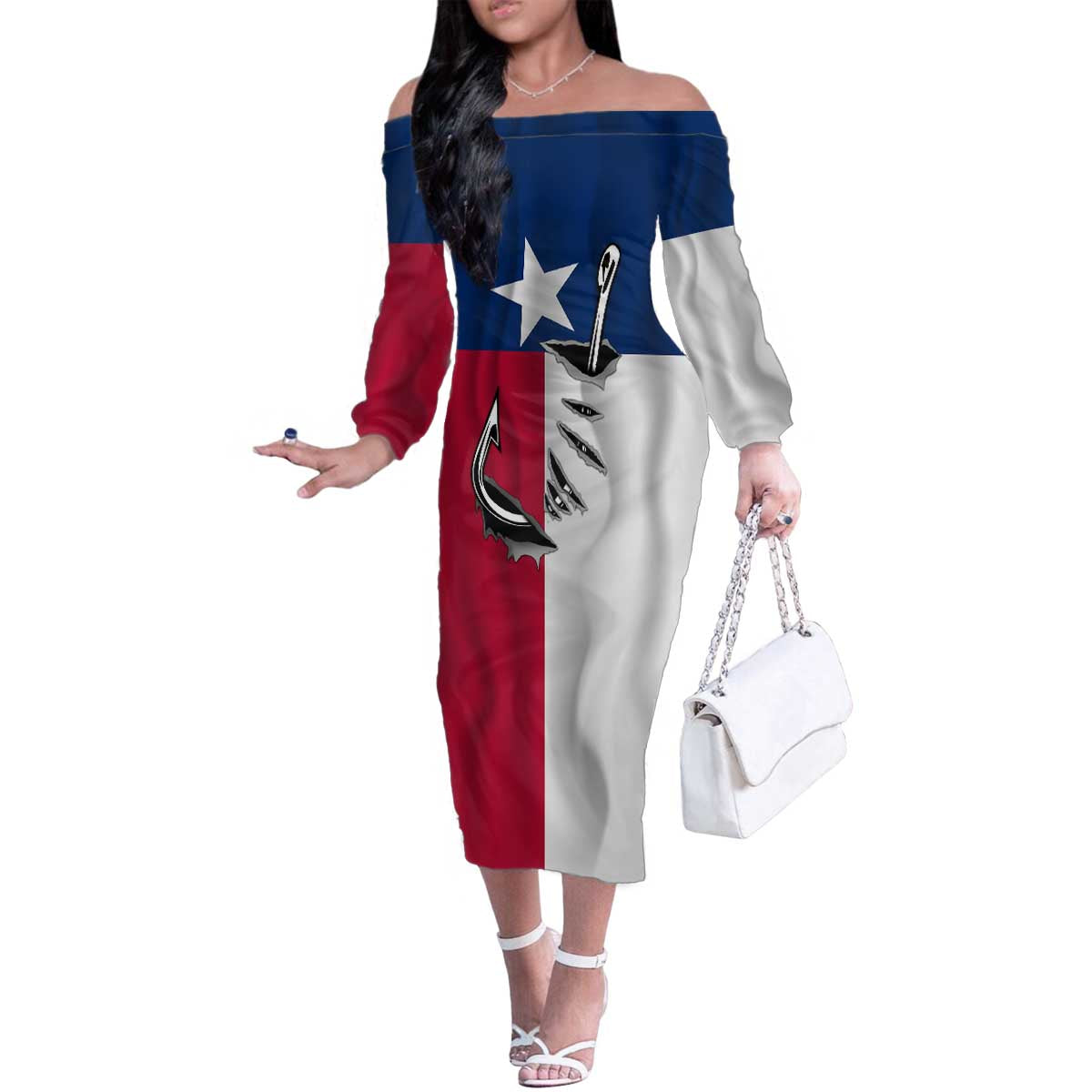 Texas Flag Fishing Family Matching Off The Shoulder Long Sleeve Dress and Hawaiian Shirt Hook and Fish Illustration and Custom Name Detail - Wonder Print Shop