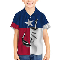 Texas Flag Fishing Family Matching Off The Shoulder Long Sleeve Dress and Hawaiian Shirt Hook and Fish Illustration and Custom Name Detail - Wonder Print Shop