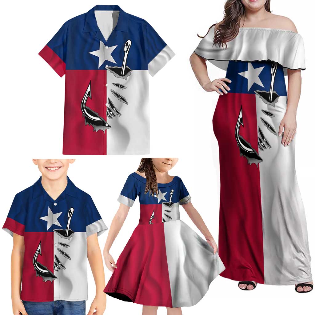 Texas Flag Fishing Family Matching Off Shoulder Maxi Dress and Hawaiian Shirt Hook and Fish Illustration and Custom Name Detail - Wonder Print Shop