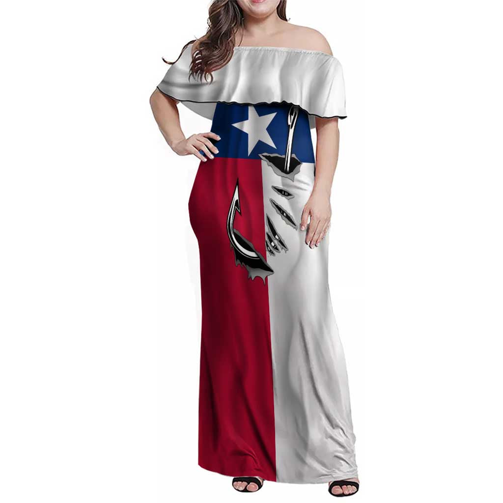 Texas Flag Fishing Family Matching Off Shoulder Maxi Dress and Hawaiian Shirt Hook and Fish Illustration and Custom Name Detail - Wonder Print Shop