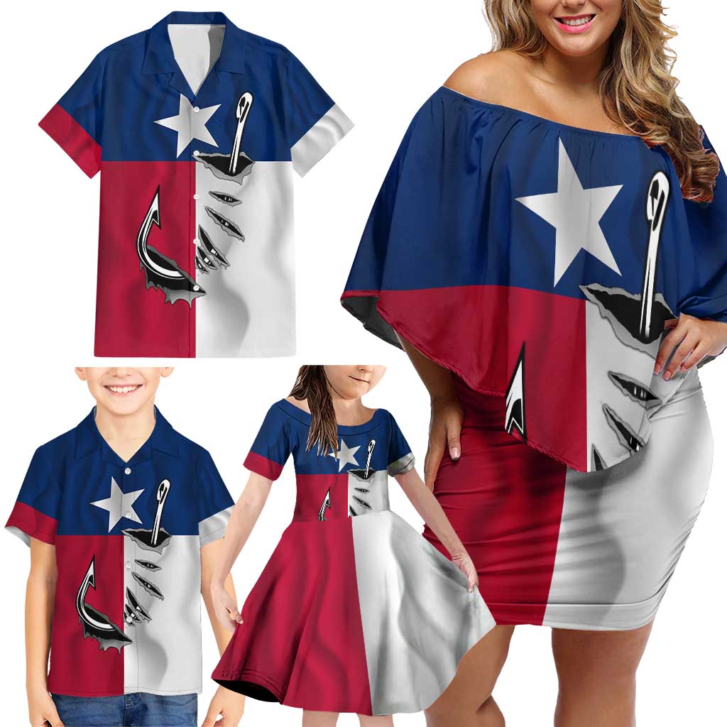 Texas Flag Fishing Family Matching Off Shoulder Short Dress and Hawaiian Shirt Hook and Fish Illustration and Custom Name Detail - Wonder Print Shop