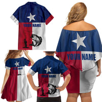 Texas Flag Fishing Family Matching Off Shoulder Short Dress and Hawaiian Shirt Hook and Fish Illustration and Custom Name Detail - Wonder Print Shop
