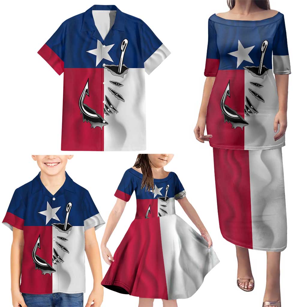 Texas Flag Fishing Family Matching Puletasi and Hawaiian Shirt Hook and Fish Illustration and Custom Name Detail - Wonder Print Shop