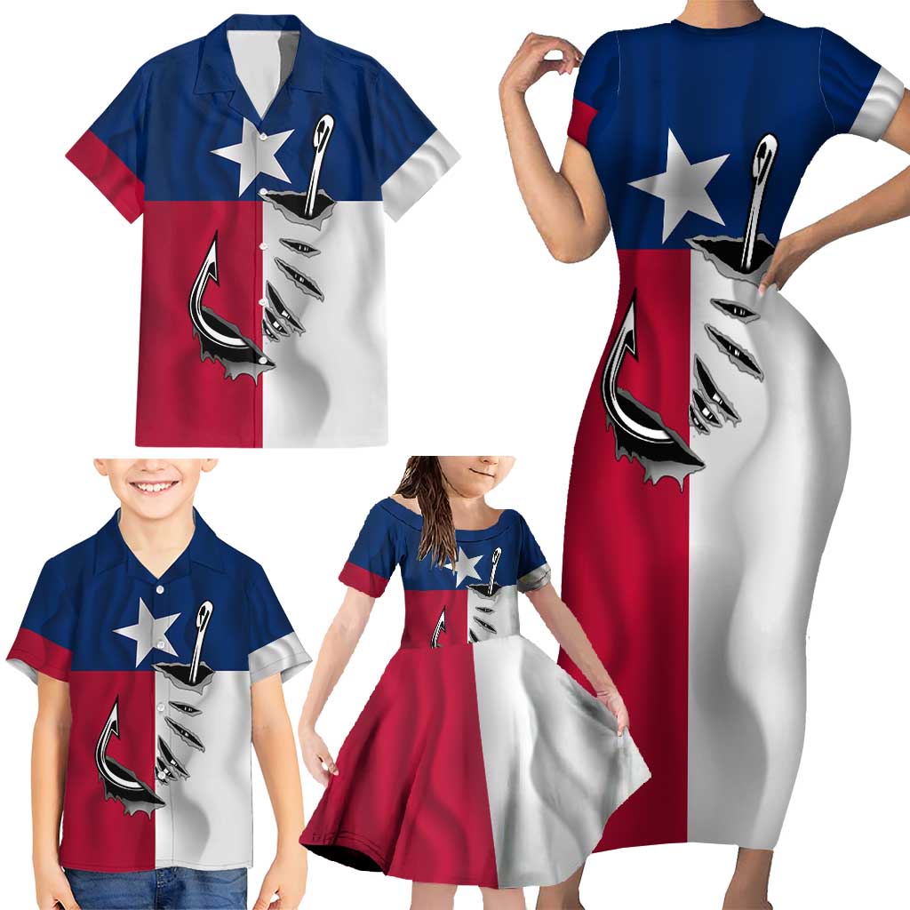 Texas Flag Fishing Family Matching Short Sleeve Bodycon Dress and Hawaiian Shirt Hook and Fish Illustration and Custom Name Detail - Wonder Print Shop