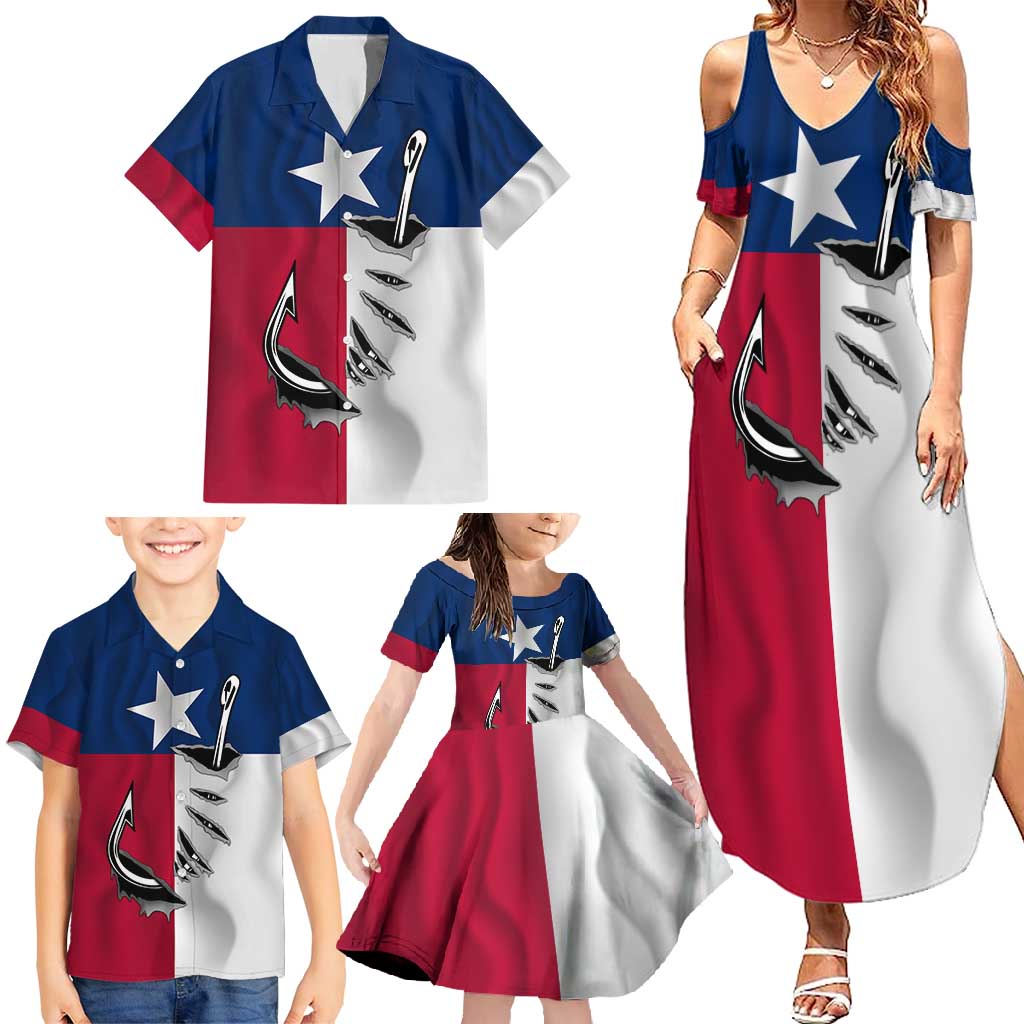 Texas Flag Fishing Family Matching Summer Maxi Dress and Hawaiian Shirt Hook and Fish Illustration and Custom Name Detail - Wonder Print Shop