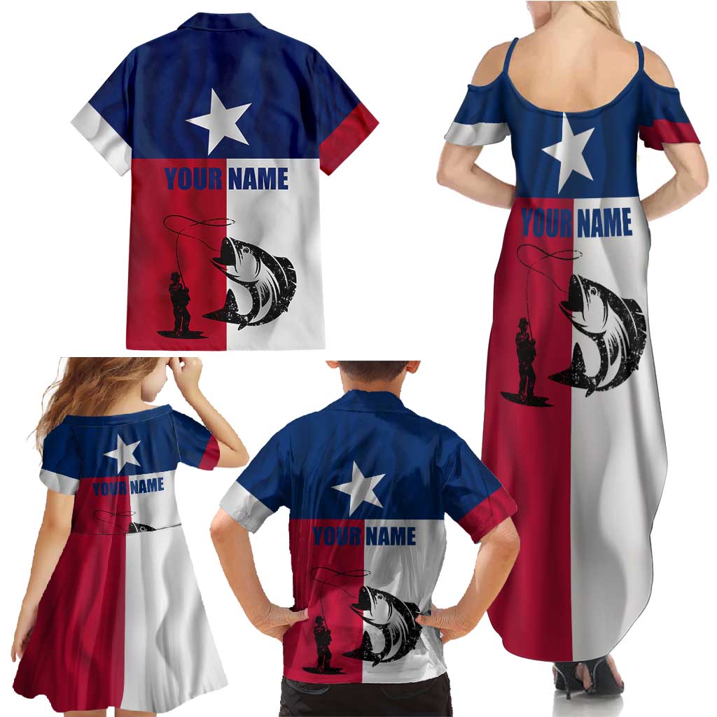 Texas Flag Fishing Family Matching Summer Maxi Dress and Hawaiian Shirt Hook and Fish Illustration and Custom Name Detail - Wonder Print Shop