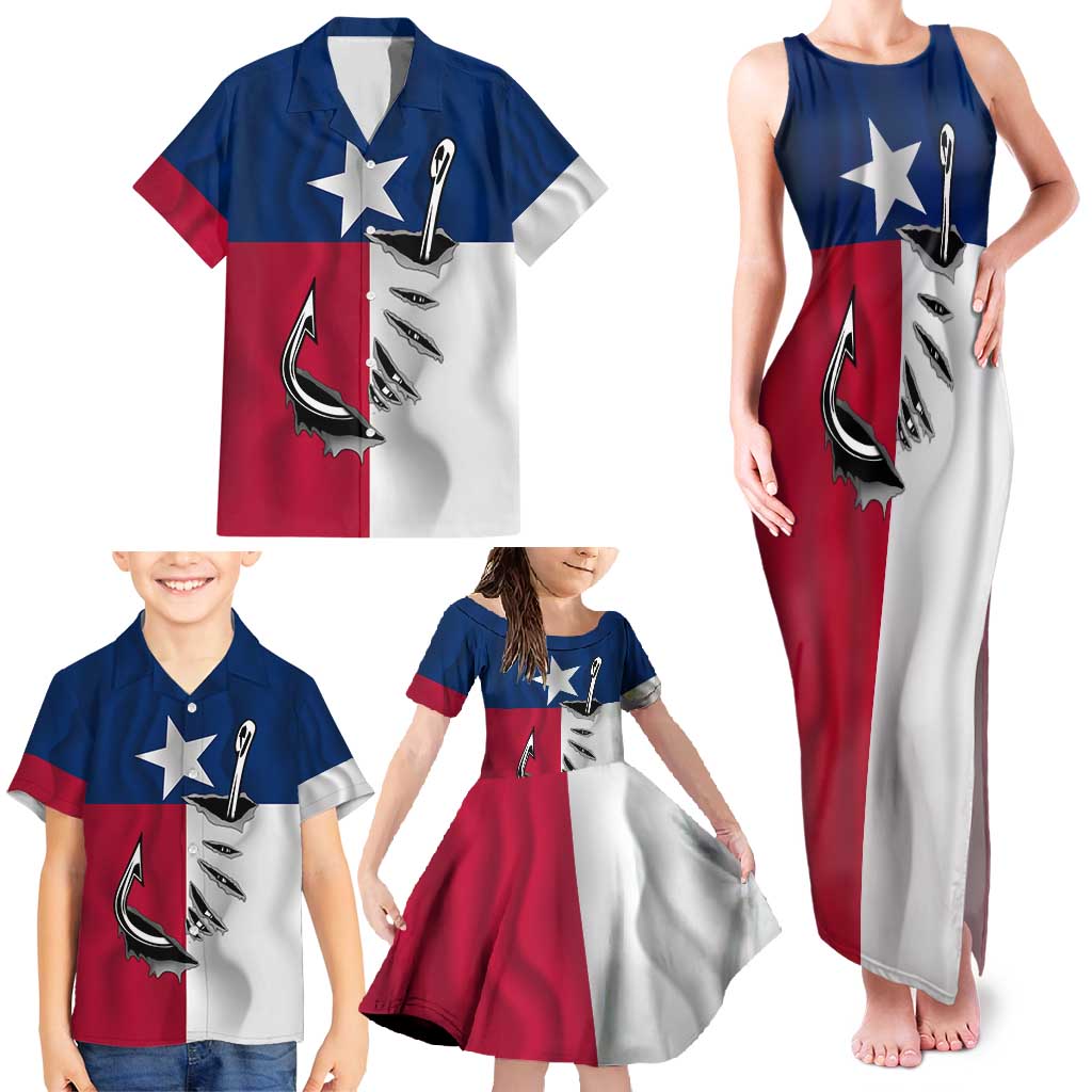 Texas Flag Fishing Family Matching Tank Maxi Dress and Hawaiian Shirt Hook and Fish Illustration and Custom Name Detail - Wonder Print Shop