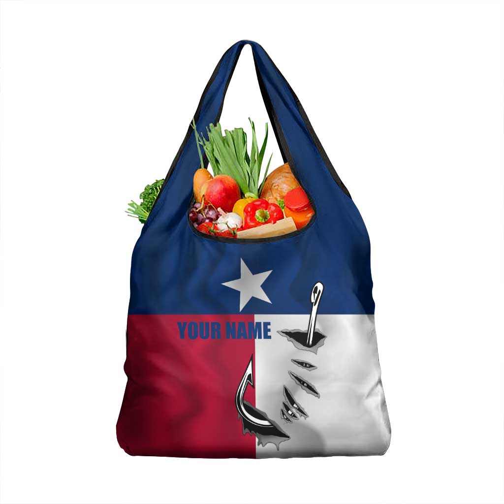 Texas Flag Fishing Grocery Bag Hook and Fish Illustration and Custom Name Detail - Wonder Print Shop