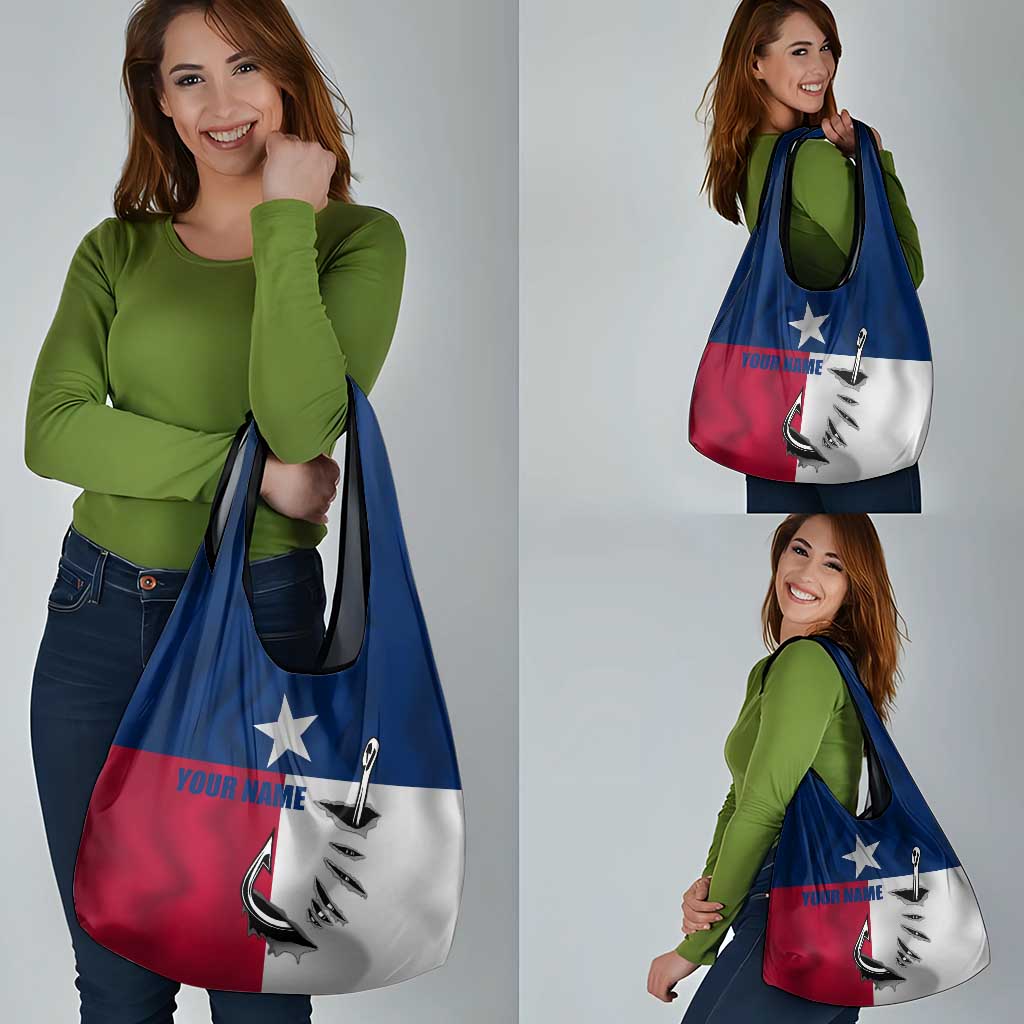 Texas Flag Fishing Grocery Bag Hook and Fish Illustration and Custom Name Detail - Wonder Print Shop