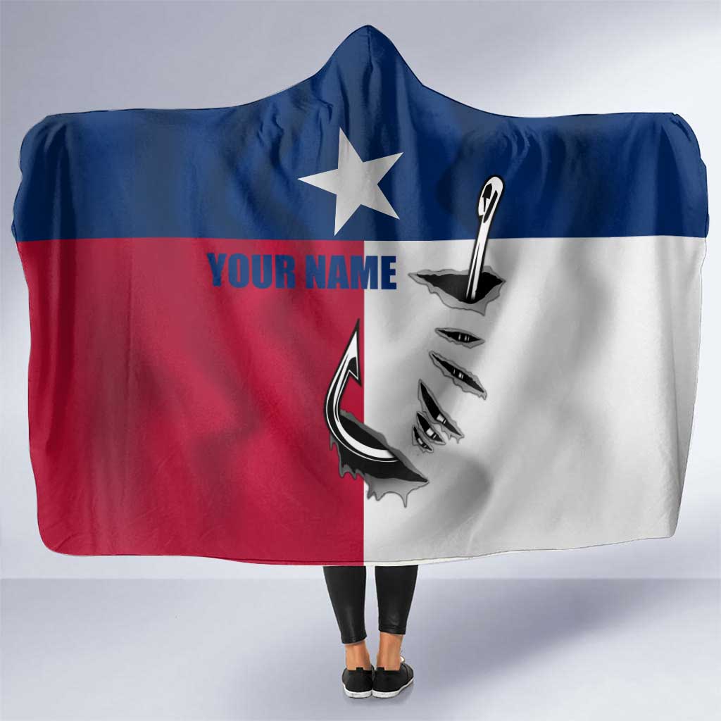 Texas Flag Fishing Hooded Blanket Hook and Fish Illustration and Custom Name Detail - Wonder Print Shop