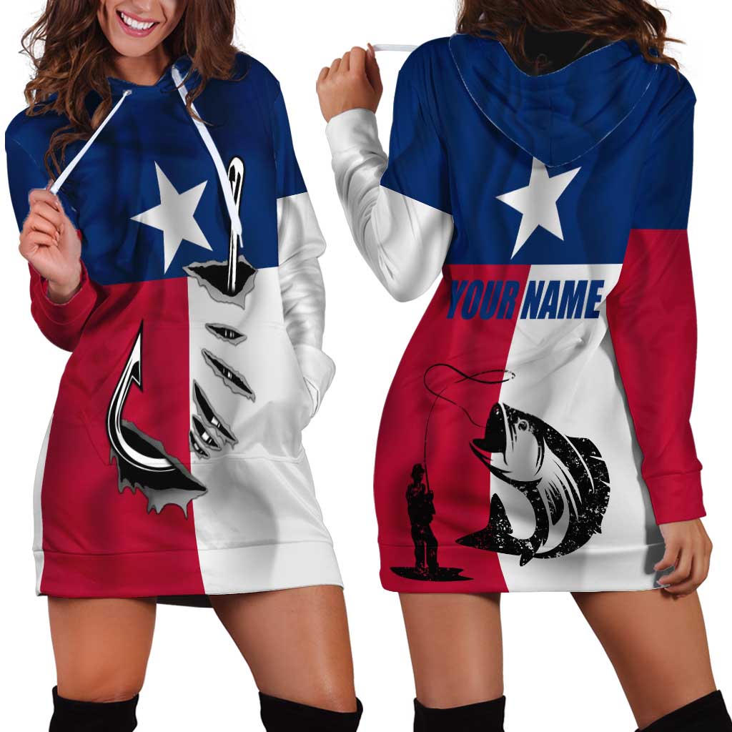Texas Flag Fishing Hoodie Dress Hook and Fish Illustration and Custom Name Detail - Wonder Print Shop