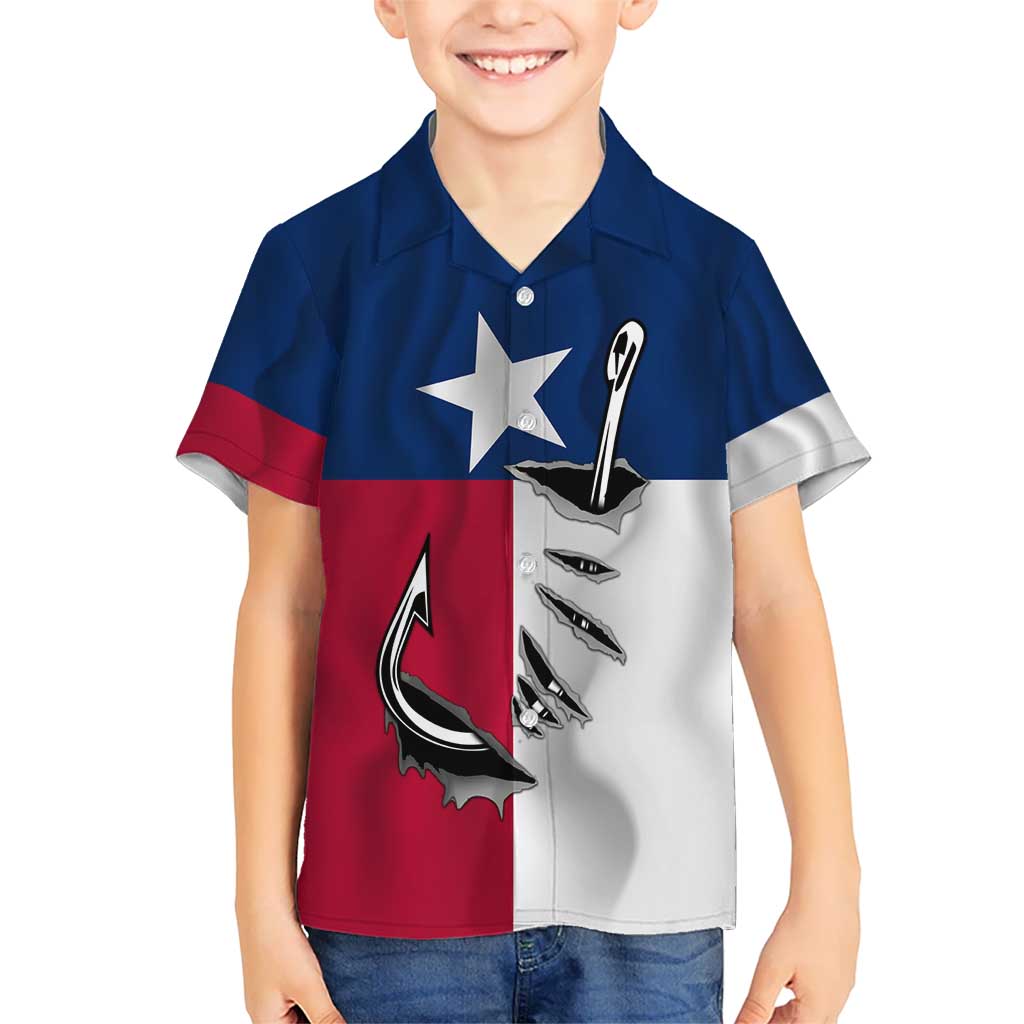 Texas Flag Fishing Kid Hawaiian Shirt Hook and Fish Illustration and Custom Name Detail - Wonder Print Shop