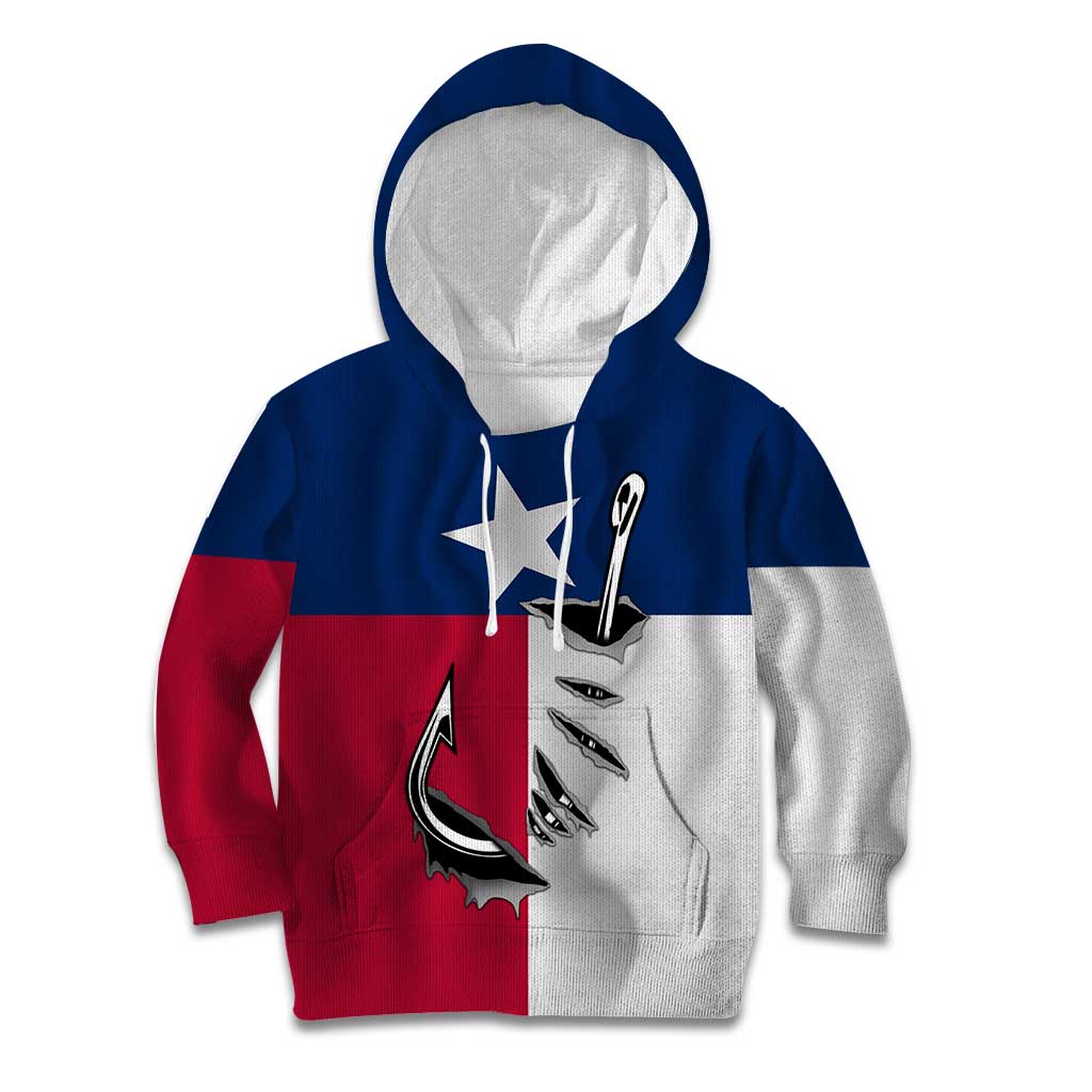 Texas Flag Fishing Kid Hoodie Hook and Fish Illustration and Custom Name Detail - Wonder Print Shop
