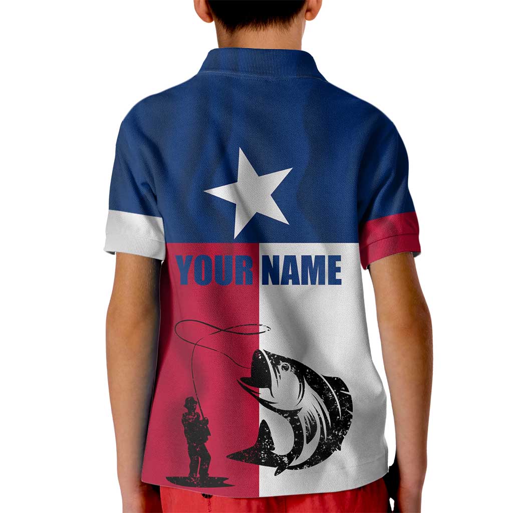 Texas Flag Fishing Kid Polo Shirt Hook and Fish Illustration and Custom Name Detail - Wonder Print Shop