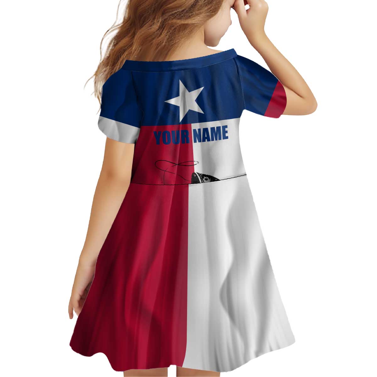 Texas Flag Fishing Kid Short Sleeve Dress Hook and Fish Illustration and Custom Name Detail - Wonder Print Shop