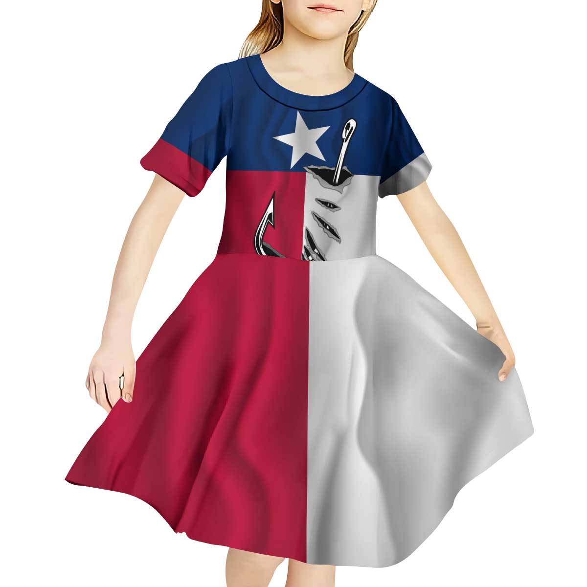 Texas Flag Fishing Kid Short Sleeve Dress Hook and Fish Illustration and Custom Name Detail - Wonder Print Shop