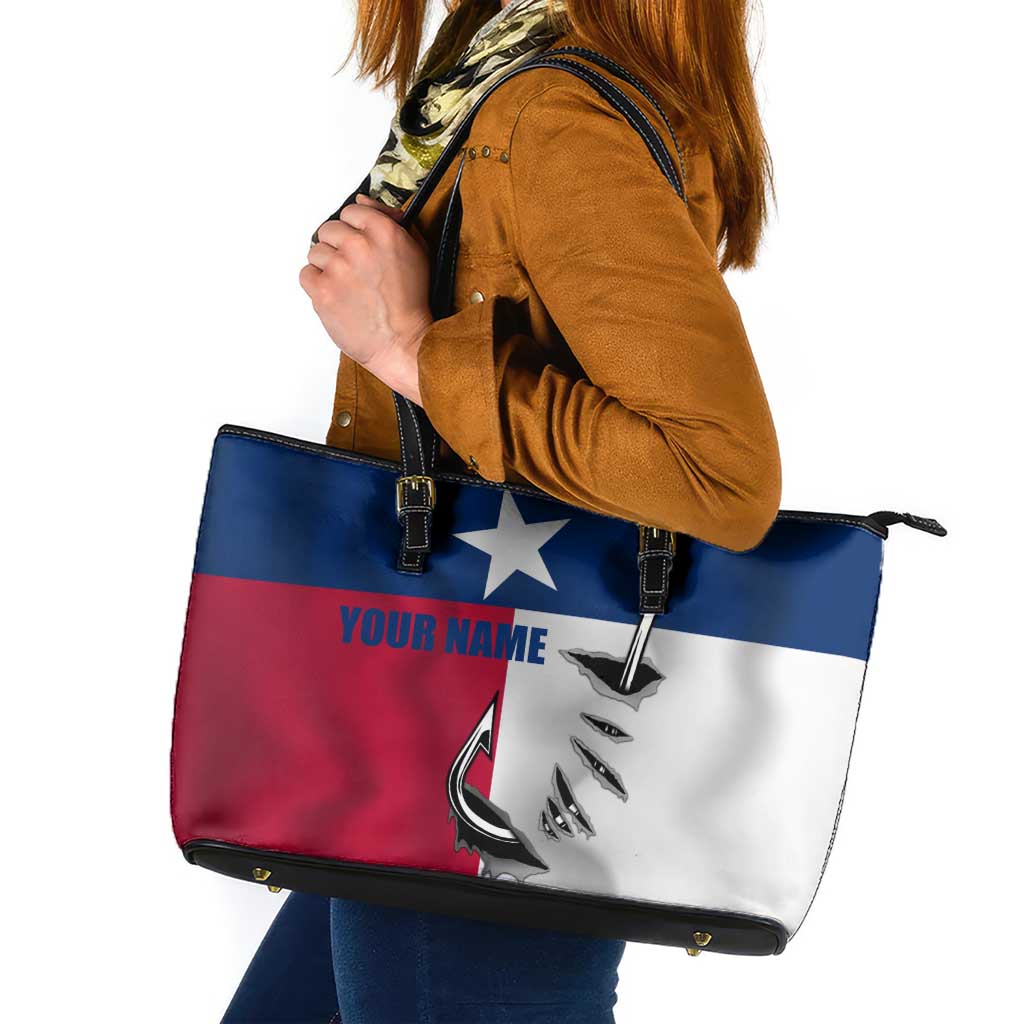 Texas Flag Fishing Leather Tote Bag Hook and Fish Illustration and Custom Name Detail - Wonder Print Shop
