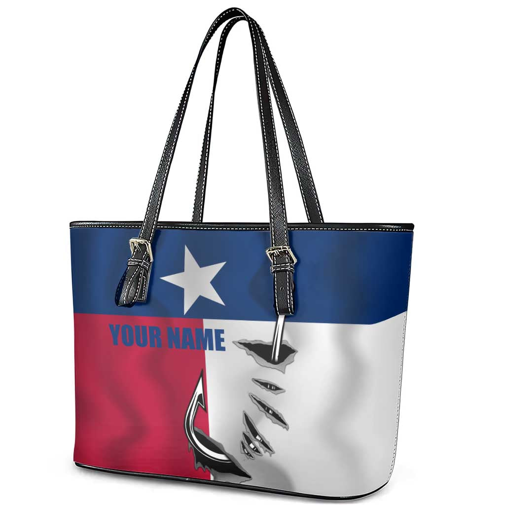 Texas Flag Fishing Leather Tote Bag Hook and Fish Illustration and Custom Name Detail - Wonder Print Shop