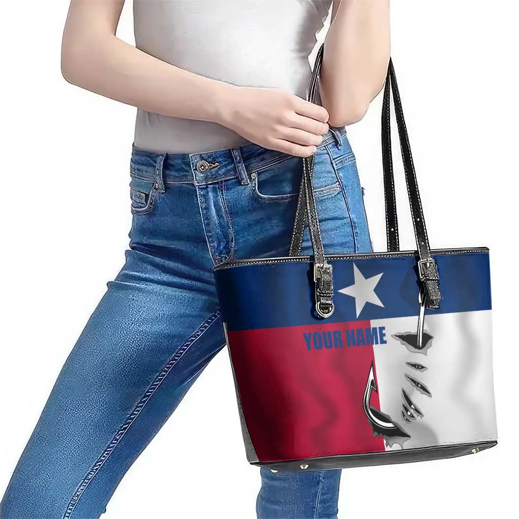 Texas Flag Fishing Leather Tote Bag Hook and Fish Illustration and Custom Name Detail - Wonder Print Shop