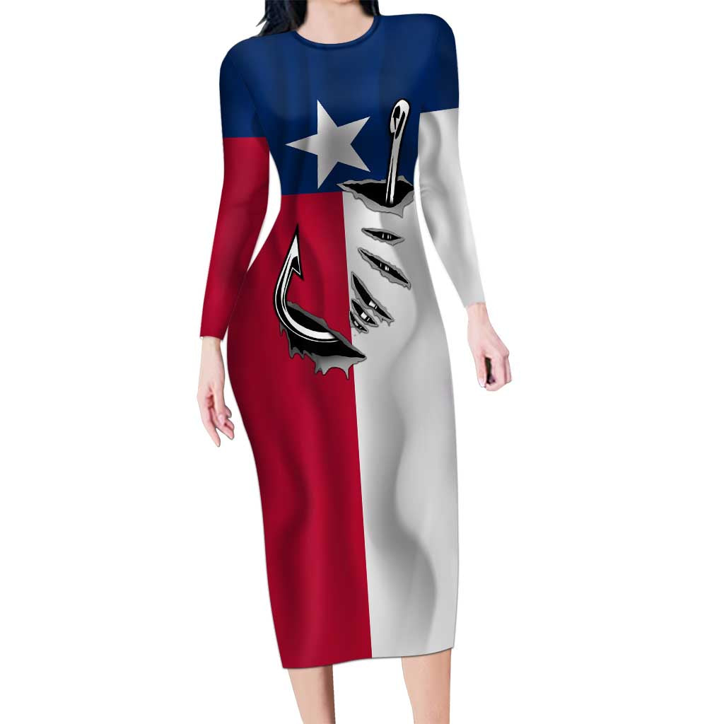 Texas Flag Fishing Long Sleeve Bodycon Dress Hook and Fish Illustration and Custom Name Detail - Wonder Print Shop