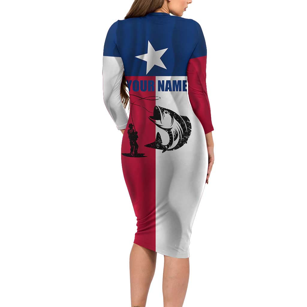 Texas Flag Fishing Long Sleeve Bodycon Dress Hook and Fish Illustration and Custom Name Detail - Wonder Print Shop