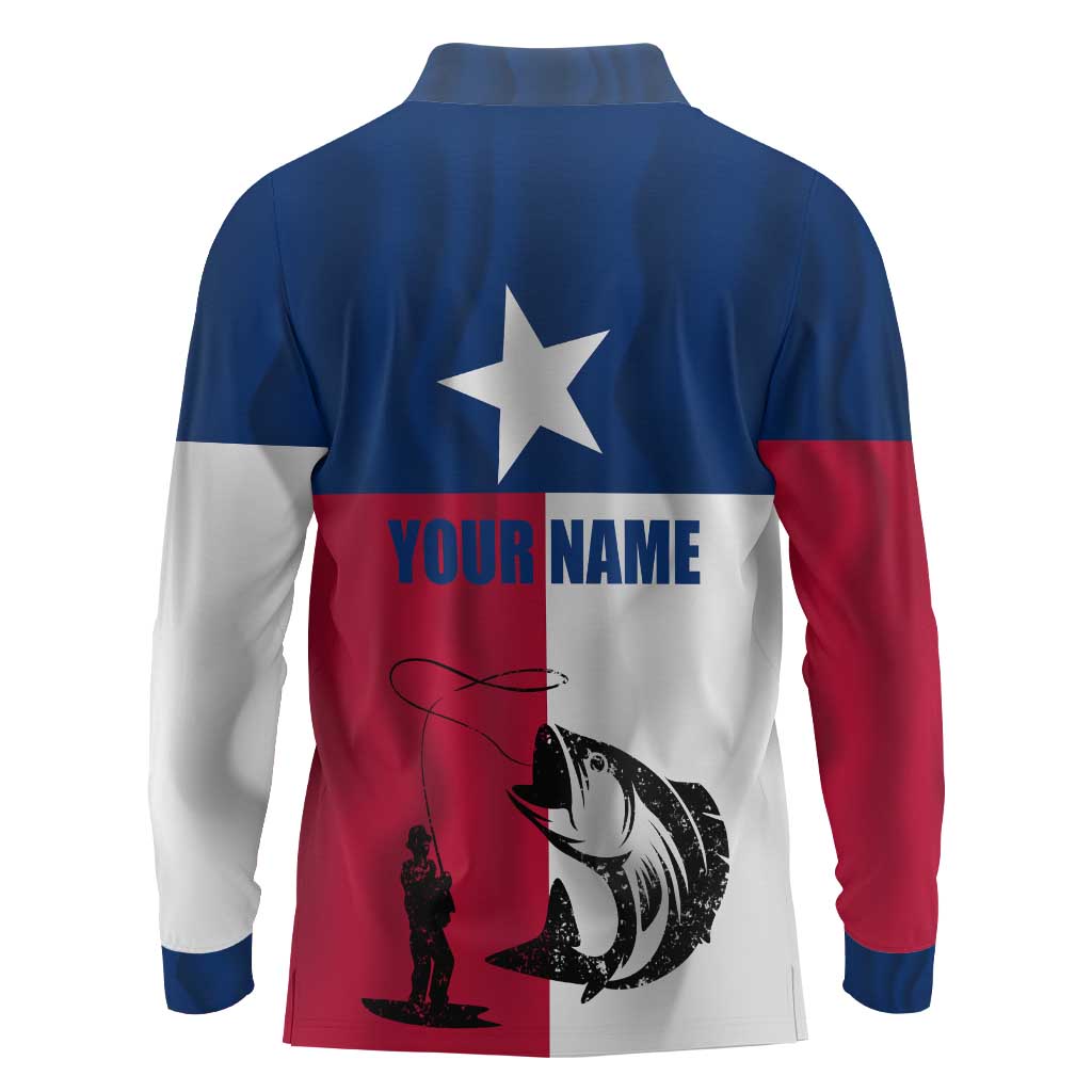 Texas Flag Fishing Long Sleeve Polo Shirt Hook and Fish Illustration and Custom Name Detail - Wonder Print Shop